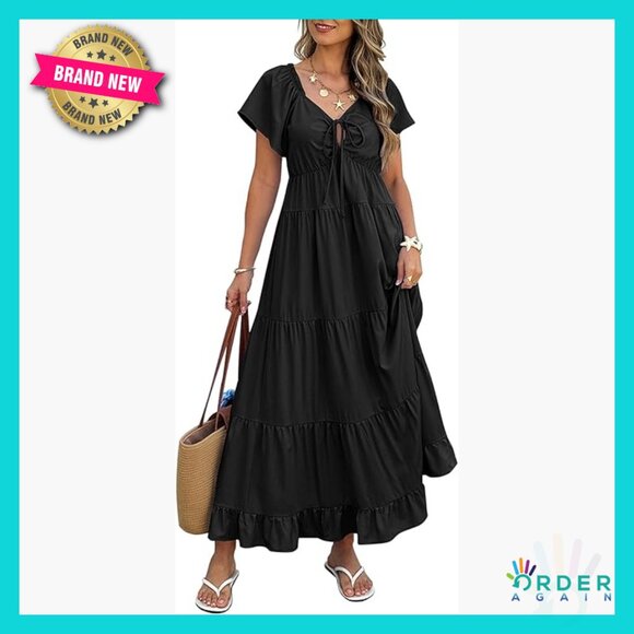 Dresses & Skirts - Summer Maxi Dress Flutter Sleeve V Neck Tie Front Tiered Flowy Wedding Guest